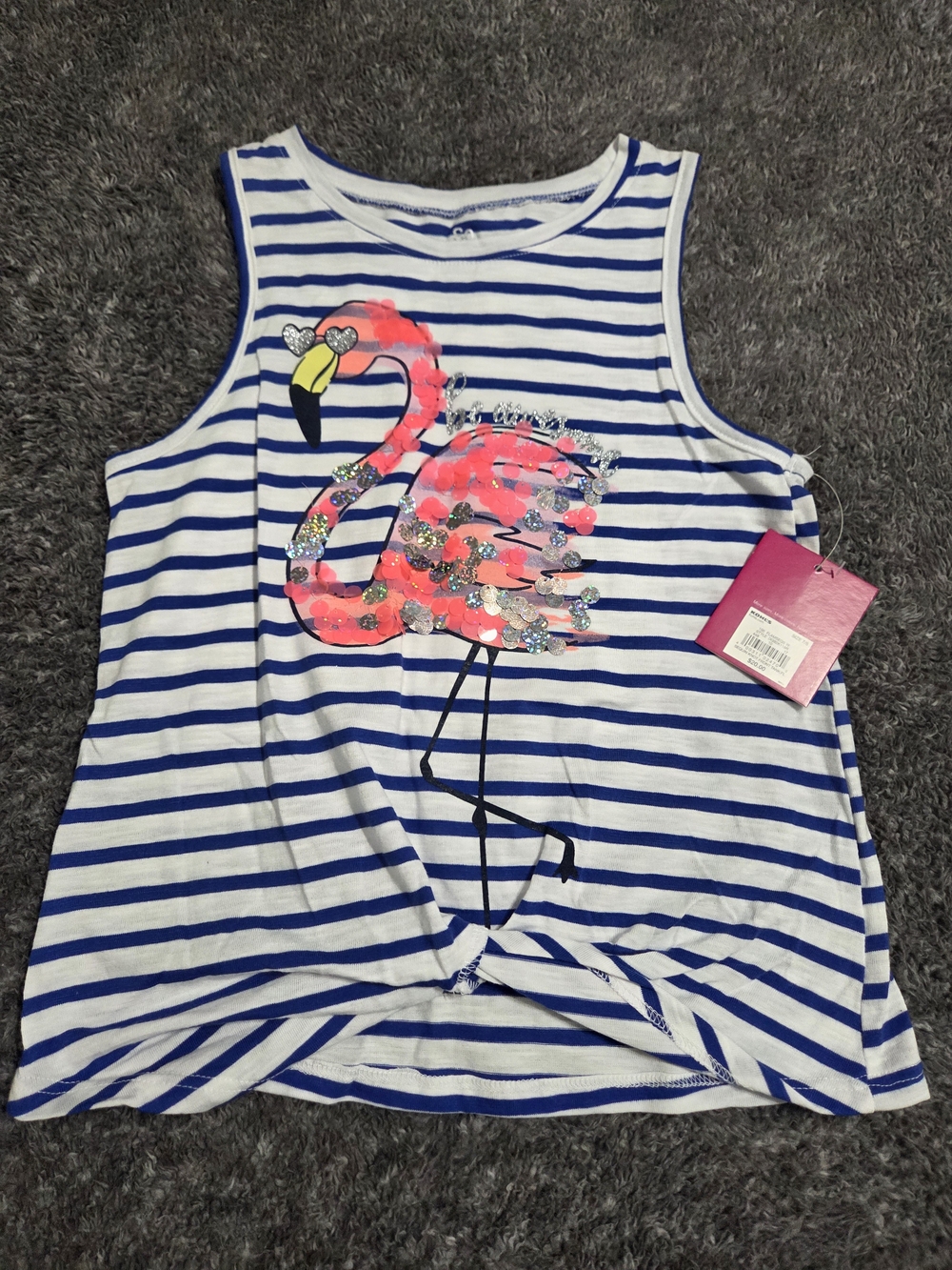 SO White & Blue Striped Tank with Neon Pink Sequin Flamingo